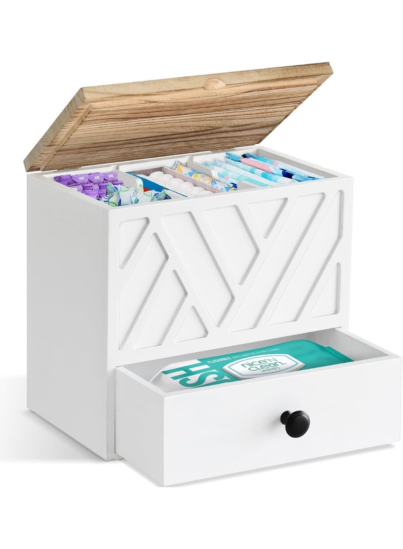 عربست حامل التامبون للحمام, منظم المنتج الأنثوية مع الغطاء والدرج, أسبوع أسبوع القرش الخشبي تخزين الوسادة, منظم التامبون للحمام ديكور خزان كونتروب, مرحاض مرحاض الملحقات الحمام (أبيض) - Image 1